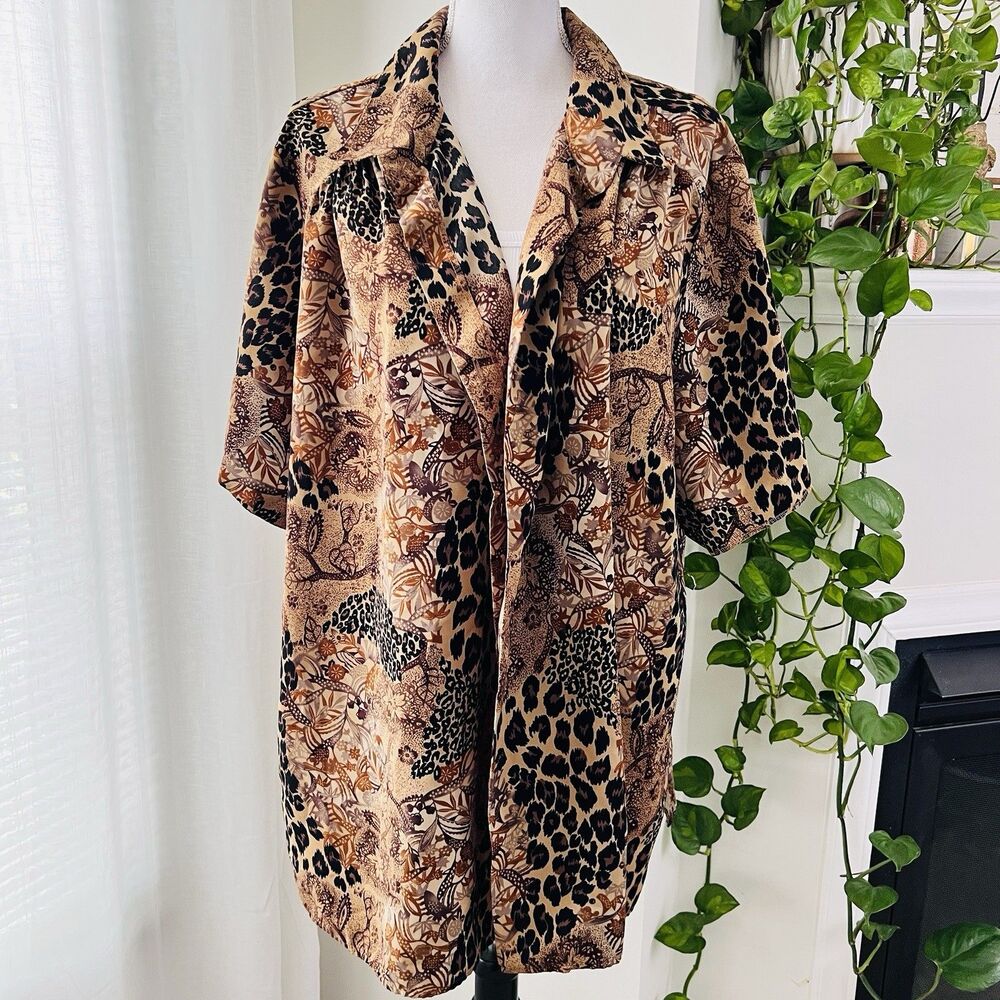 Vintage A Personal Touch Brown Animal Print Big Cat Cheetah Open Blouse -Plus 3X